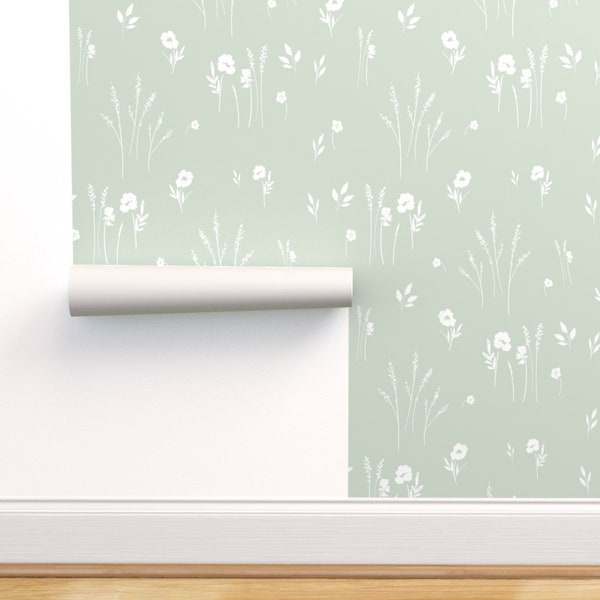 Meadow Wallpaper in Pale Sage - LARGE, removable wallpaper, Floral wallpaper, farmhouse wallpaper, country style decor, mint wallpaper