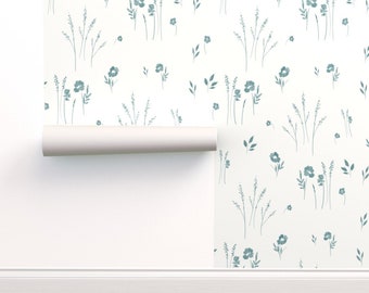 Meadow Wallpaper in Teal/Cream- LARGE, removable wallpaper, Floral wallpaper, farmhouse wallpaper, country style home decor, peel and stick