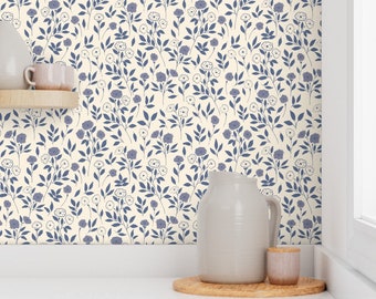 Dancing Blooms Wallpaper in Azure, MED removable wallpaper, Floral wallpaper, farmhouse wallpaper, country style home decor, peel and stick
