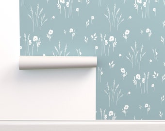 Meadow Wallpaper in Sky Blue- LARGE, removable wallpaper, Floral wallpaper, farmhouse wallpaper, country style home decor, peel and stick