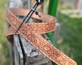 Pink Feather Scroll Tooled Belt - Etsy display picture 1