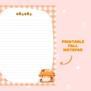 Peut inclure: Bloc-notes imprimable avec une bordure à motif vichy et une illustration mignonne de champignon de dessin animé. Le bloc-notes a du papier ligné et le texte "PRINTABLE FALL NOTEPAD" est écrit sur le côté droit de l'image.