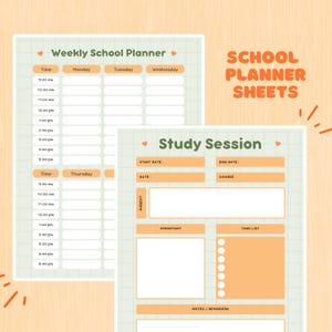 Op de afbeelding: Een printbare wekelijkse schoolplanner met een groen en oranje kleurenschema. De planner bevat secties voor maandag, dinsdag, woensdag en donderdag. Er is ook een aparte studie-sessiepagina met secties voor startdatum, einddatum, datum, cursus, onderwerp, belangrijk, takenlijst en notities/herinneringen.