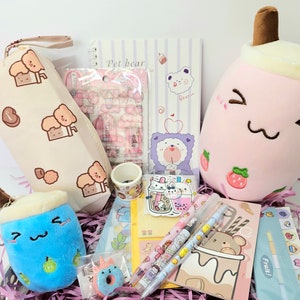Kawaii Boba Stationery Box Bundle/ Cute Pink Milk Tea Fruit Stationery/ Kids Stationary Notebook Diary Pen Stickers Washi Notepads
