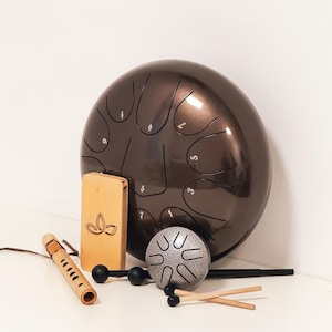 May include: A dark bronze steel tongue drum with numbered cutouts, accompanied by a wooden clack box, a small flute, a silver percussion instrument, and drumsticks. The instruments are arranged on a white surface.