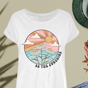 Be the Sunshine Women's Long Slub T-Shirt, Trendy Summer Shirt, Retro Women's Wide Neck Graphic Tee, Slogan Tshirt, Inspirational Tshirt