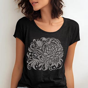 Mystical Lotus Flower Women&#39;s Scoop Neck T-Shirt, Loose Fit Yoga Top, Botanical Graphic Shirt, Women Long Wide Neck Tee, Ladies Boho Shirt