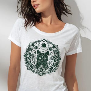 Celestial Cat Women&#39;s Scoop Neck T-Shirt, Loose Fit Yoga Top, Witchcore Spiritual Graphic Shirt, Women Long Wide Neck Tee, Ladies Boho Shirt