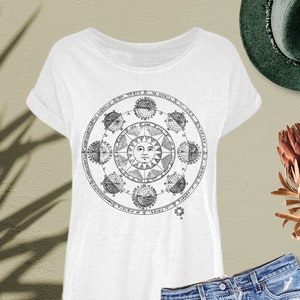 Vintage Astronomy Women's Long Slub T-Shirt, Trendy Summer Shirt, Celestial Retro Women's Wide Neck Graphic Tee, Loose Yoga Top