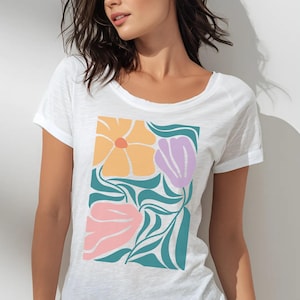 Boho Flower Women&#39;s Scoop Neck T-Shirt, Loose Fit Yoga Top, Botanical Graphic Shirt, Women Long Wide Neck Tee, Ladies Boho Shirt