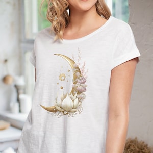 Boho Moon T-Shirt, Women&#39;s Mystical Moon and Stars Shirt, Scoop Neck Floral Mystical Shirt, Celestial Tee, Boho Flower Moon Shirt, Boho Gift