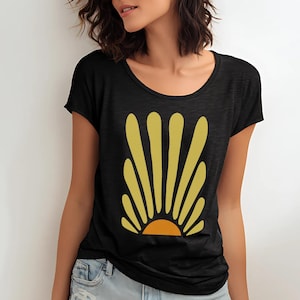 The Sun Women&#39;s Scoop Neck T-Shirt, Loose Fit Yoga Top, Nature Minimalist Graphic Shirt, Women Long Wide Neck Tee, Ladies Boho Shirt