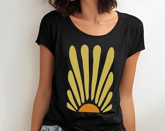 Sun Graphic Scoop Neck T-Shirt, Loose Fit Cotton Boho Tee