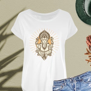 Ganesha Women&#39;s Scoop Neck T-Shirt, Yoga Shirt,  Namaste T-Shirt, Meditation Shirt, Spiritual Shirt, Women&#39;s Loose Fit Wide Neck Tee