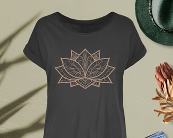 Katoenen yoga-T-shirt voor dames, T-shirt met ronde hals en mandala lotusbloem, losse yogatop