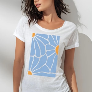 Boho Flower Women&#39;s Scoop Neck T-Shirt, Loose Fit Yoga Top, Botanical Graphic Shirt, Women Long Wide Neck Tee, Ladies Boho Shirt