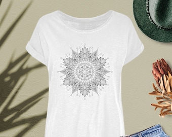 T-shirt mandala, long t-shirt à col rond flammé pour femmes, chemise de yoga