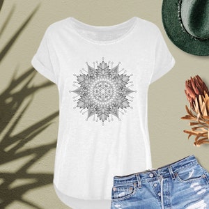 Mandala T-Shirt, Women's Long Slub Scoop Neck Tee, Yoga Shirt