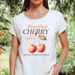 Retro Cherry Graphic T-Shirt Women&#39;s Vintage Tee Farmer&#39;s Market, Aesthetic Fruit Shirt