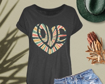 T-shirt graphique Love Heart rétro années 70, t-shirt en coton tendance