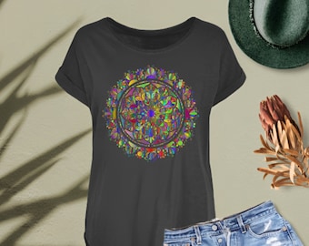 T-shirt mandala, T-shirt à col rond pour femme, long haut en coton flammé, chemise de yoga à col large