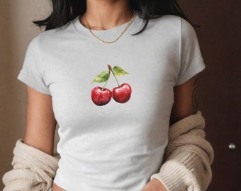 Cherry Graphic Baby Tee, Coquette Baby Tee, Trendy Aesthetic Tee, 90s Baby Tee Y2K Clothing, Soft Girl Cute Baby Tee, Women's Fitted Tee