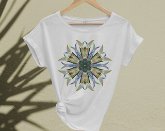 Mandala T-Shirt, Women's Scoop Neck Tee, Long Slub Cotton Top, Wide Neck Yoga Shirt