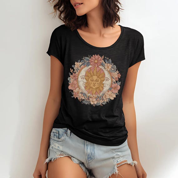 Sun Moon Flowers Women's Celestial Boho T-shirt, Loose Fit Yoga