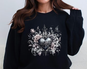 Sudadera con corazón gótico floral, ropa gótica de terror