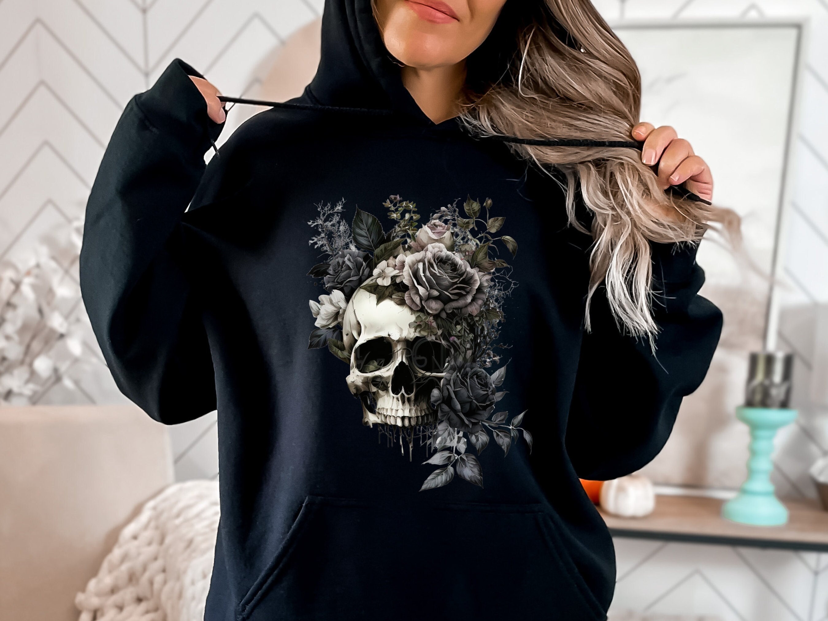 Floral Skull Hoodie, Bloom Skull Hoody, Whimsigoth Skull Hoodie, Goblincore  Shirt, Dark Cottagecore Sweatshirt, Gothic Clothing 