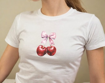 Coquette Cherry Baby Tee, Coquette Baby Tee, 90s Baby Tee Y2K Clothing, Soft Girl Baby Tee, Cute Baby Tee, Women Fitted Trendy Aesthetic Tee