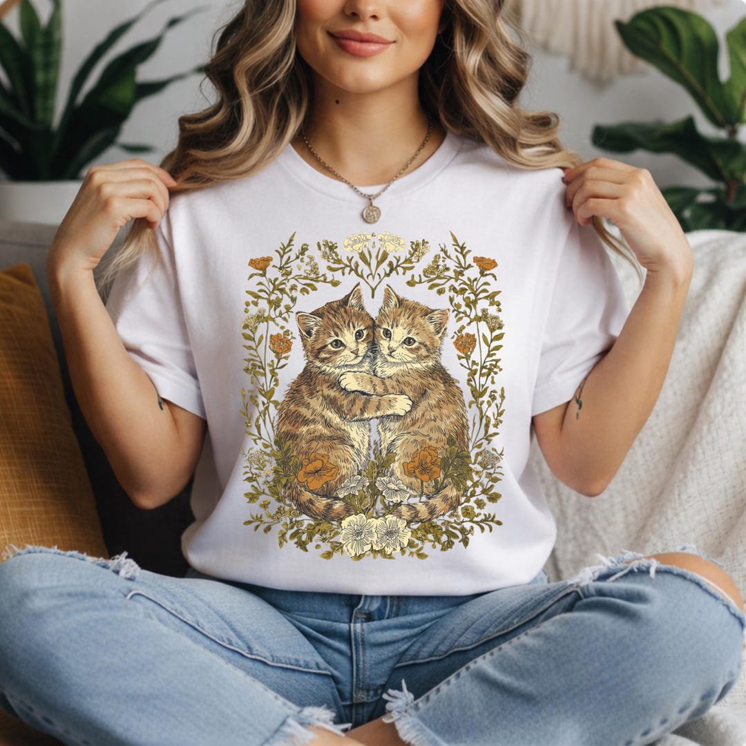 Floral Cat T-shirt Vintage Cottagecore Retro Kitten Tee Cat Lover Gift ...