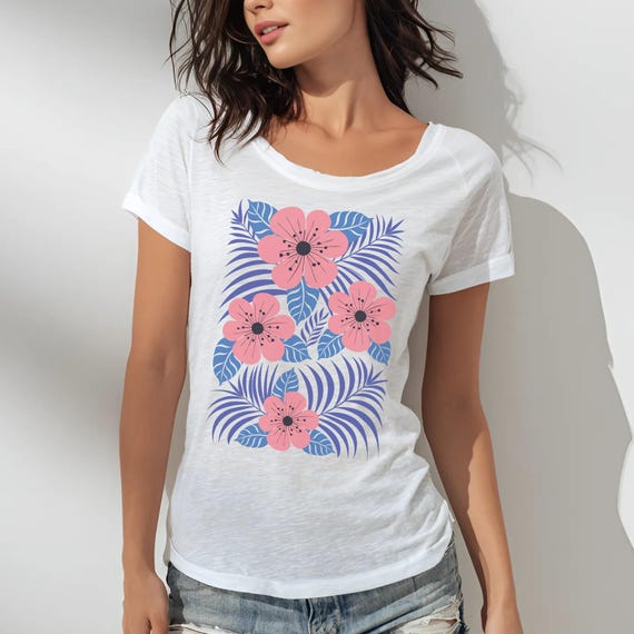 Flowers Women's Scoop Neck T-shirt, Loose Fit Yoga Top, Women Yoga