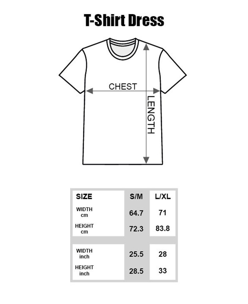 K&ouml;nnte beinhalten: Gr&ouml;&szlig;entabelle f&uuml;r ein T-Shirt-Kleid mit Ma&szlig;en in Zoll und Zentimetern. Die Tabelle zeigt die Breite und H&ouml;he des Kleides in Zoll und Zentimetern f&uuml;r die Gr&ouml;&szlig;en S/M und L/XL.