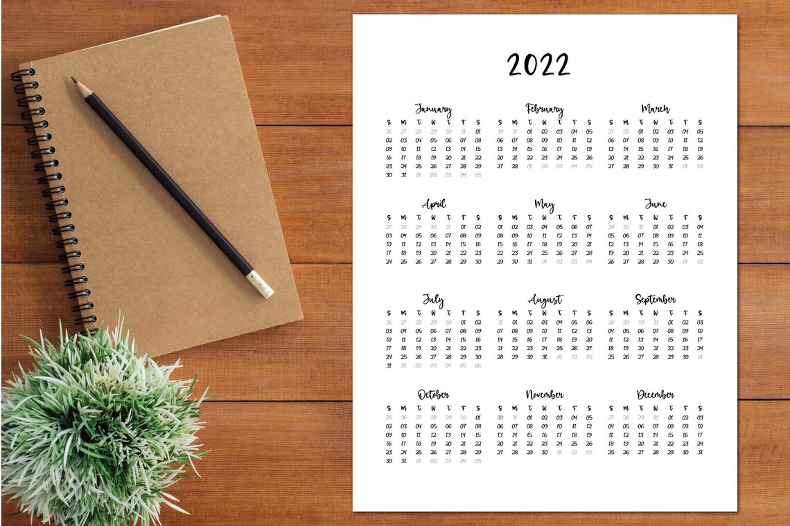 2022 printable yearly calendar black white elegant design etsy