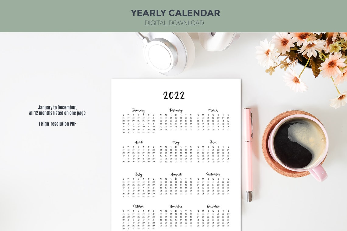 2022 printable yearly calendar black white elegant design etsy