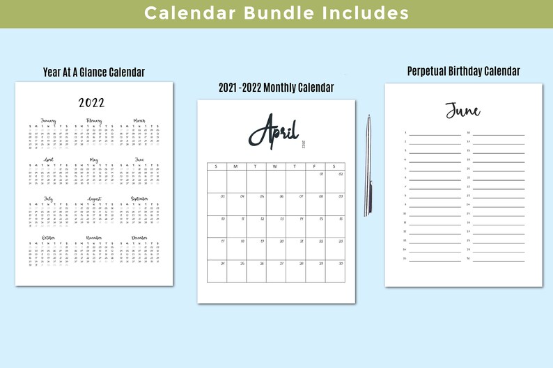 2021-2022 Printable Portrait Monthly Calendar Bundle Including - Etsy