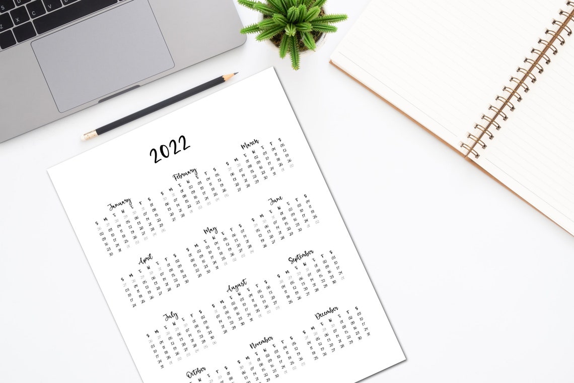 2022 printable yearly calendar black white elegant design etsy
