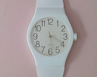 Vintage 80s 90s white wall watch large wall watch pendulum clock in watch shape
