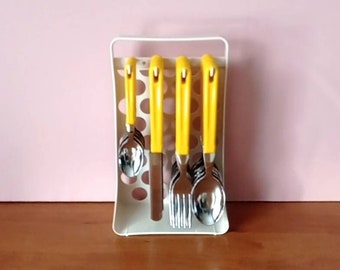 80s Vintage Support with Cutlery set of 24 stainless steel cutlery yellow plastic handles Basic York