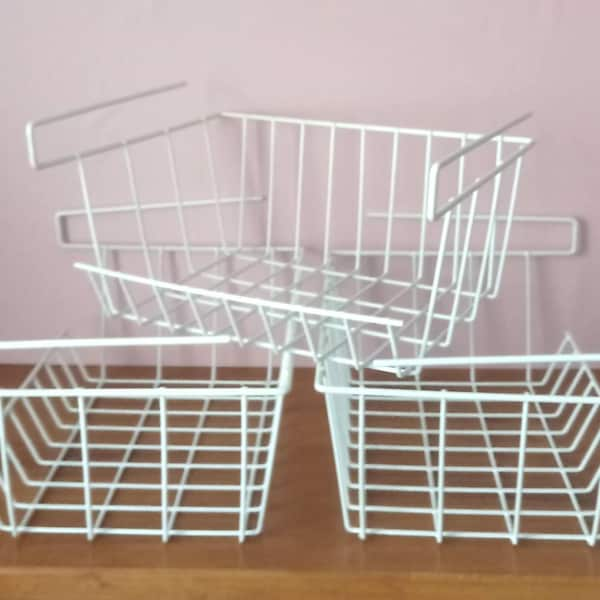 Vintage 70s 80s Storage Basket for White Wired Metal Shelf Cabinet