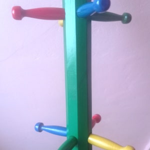 Vintage 80s Pencil Design Multicolored wooden coat rack on pencil-shaped stand