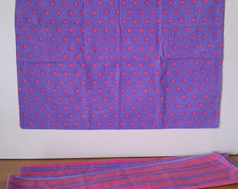 Vintage des années 80 Taie Oreiller en coton décor pois et rayures violet et rose