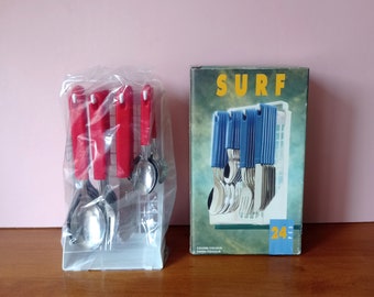 Vintage 80s SURF Support with Cutlery set of 24 stainless steel cutlery, new red plastic handles