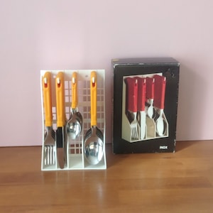 80s Vintage Support with Housewife of 24 stainless steel cutlery dark yellow plastic handles York