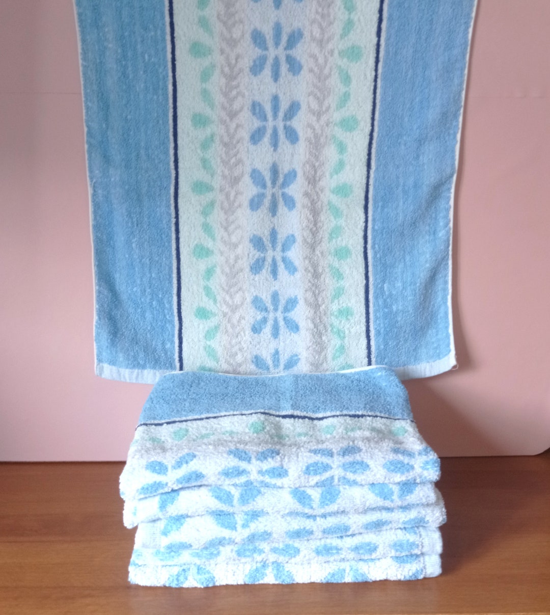 Vintage 80s Terry Towel in Blue, Green, Gray and White, New - Etsy