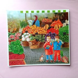 80s Vintage affiche scolaire murale en carton rigide Enfants au marché