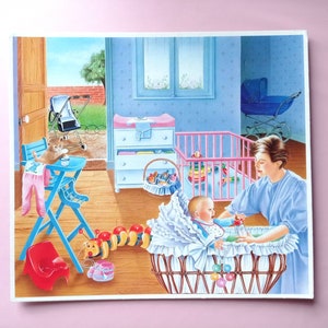80s Vintage affiche scolaire murale en carton rigide Bébé et Maman