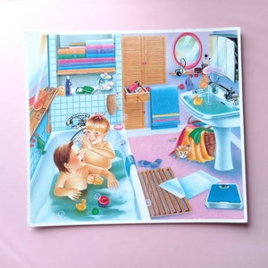 80s Vintage affiche scolaire murale en carton rigide Enfants dans le bain