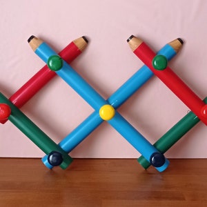 Vintage 90s Pencil Design Wooden wall coat rack in the shape of multicolored pencils